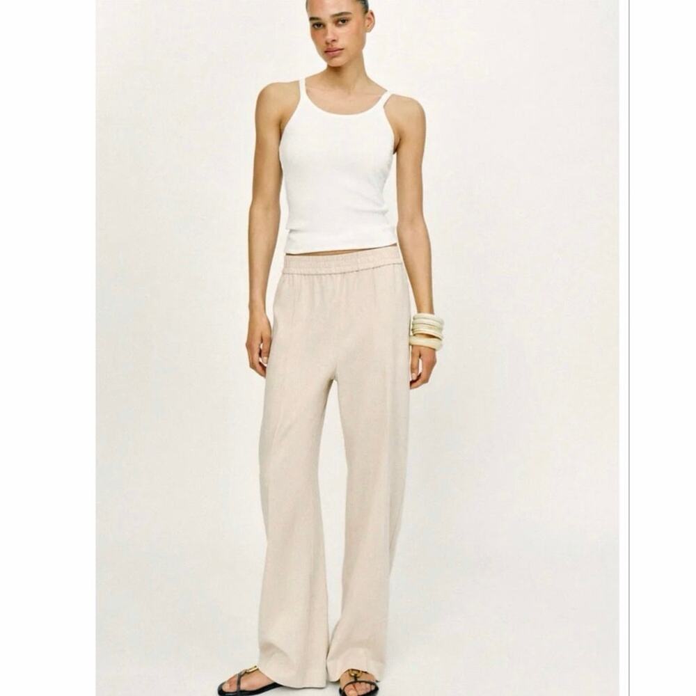 Zara Linen Blend Wide Leg Pants Beige Oatmeal Elastic Waist Size M EUC